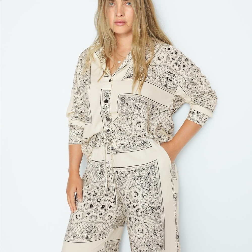 Women's Cream Printed Button-Down Shirt and pant set